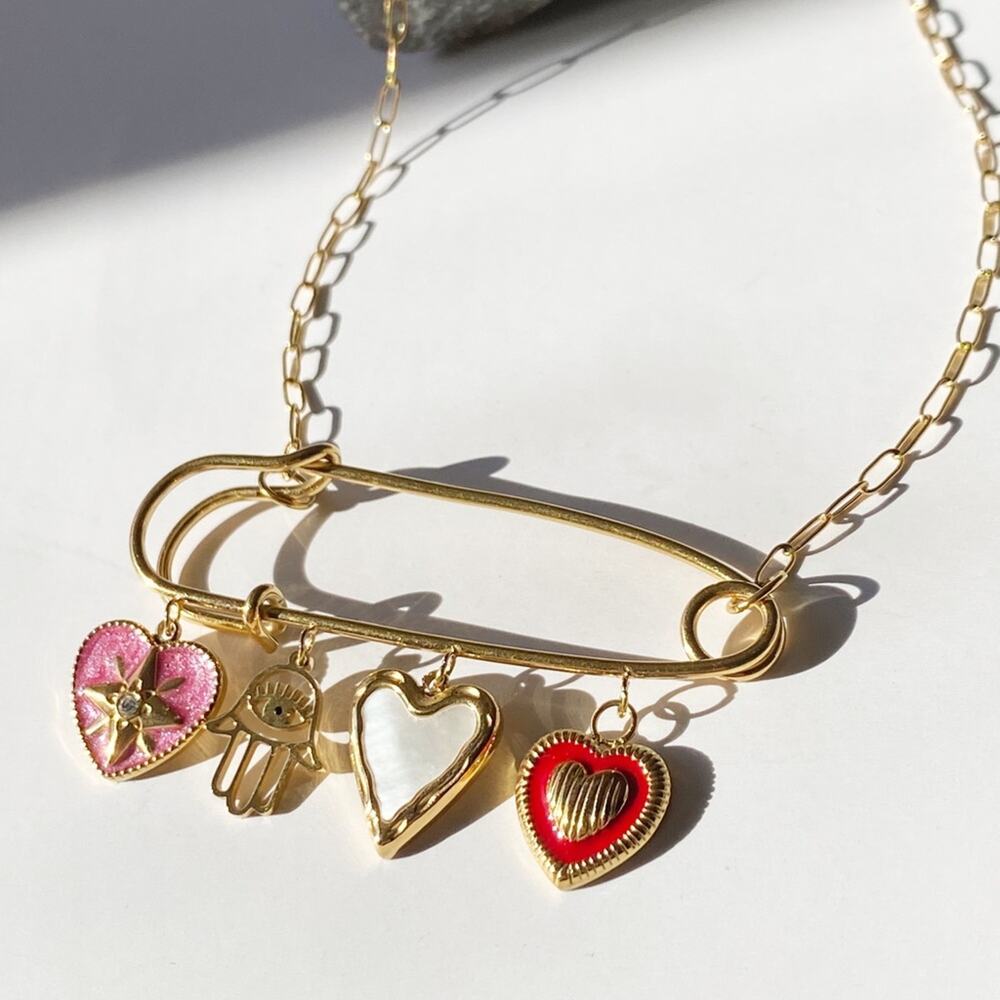 NEW Safety Pin Gold Heart Charm Necklace